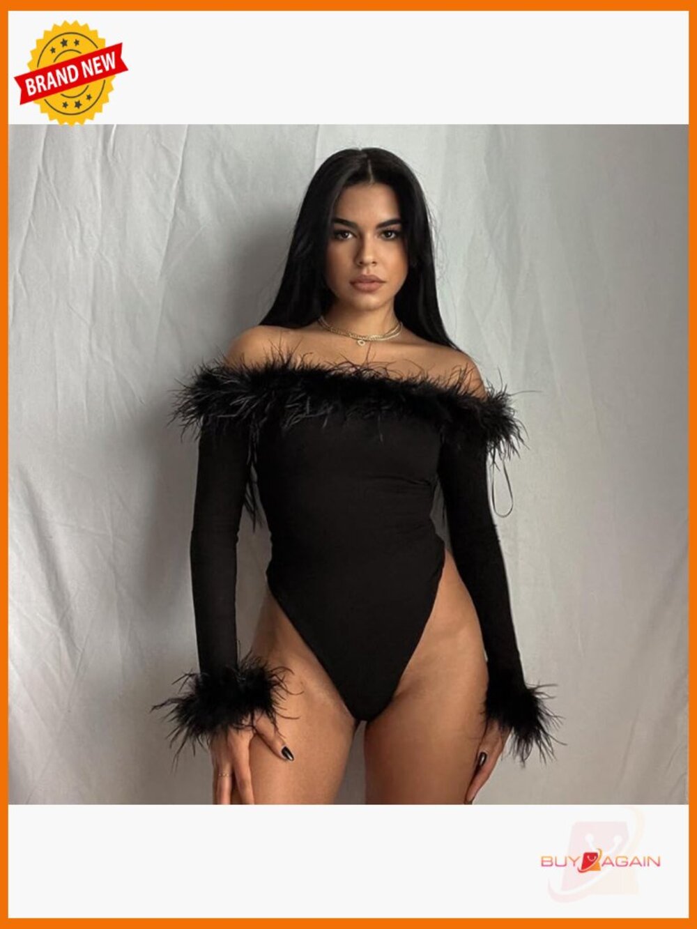 Long Sleeve Off Shoulder Bodysuit with Feather Trim Slim Fit - Picture 2 of 7